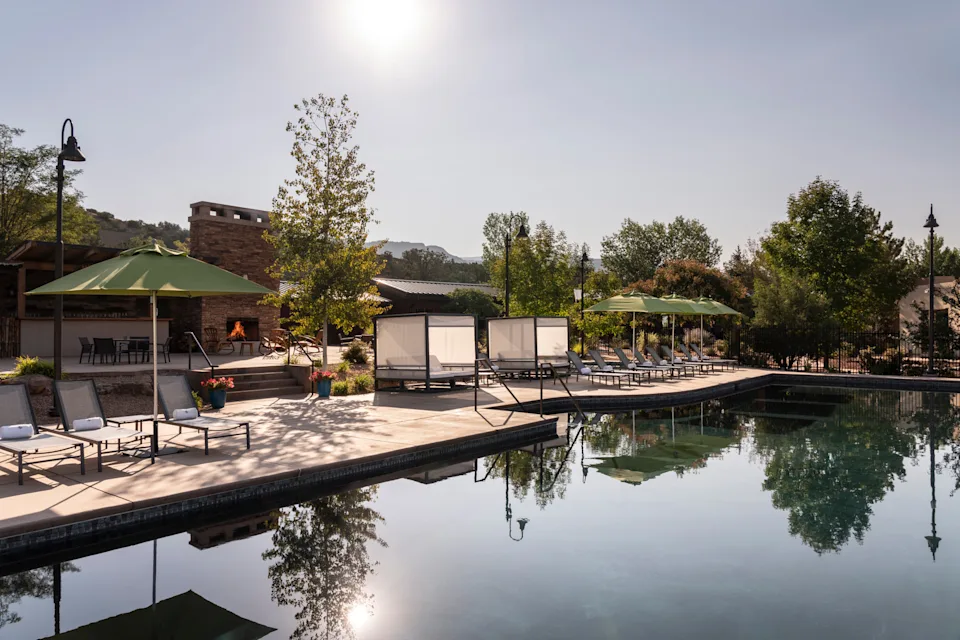 The pool has views of the mountains 